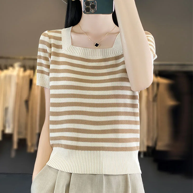 Short Sleeve Knitwears Knitted Sweater Women Pullovers New Square Collar Striped Knit Sweater Pullover Women Tops Sweaters Q2319
Short Sleeve Knitwears Knitted Sweater Women Pullovers New Square Collar Striped Knit Sweater Pullover Women Tops Sweaters Q2319