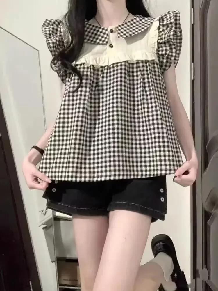 Корейская версия ретро-стиля, клетчатая маленькая рубашка с рукавами-крылышками, женская летняя свободная рубашка с деревянными ушками, женская одежда
Корейская версия ретро-стиля, клетчатая маленькая рубашка с рукавами-крылышками, женская летняя свободная рубашка с деревянными ушками, женская одежда