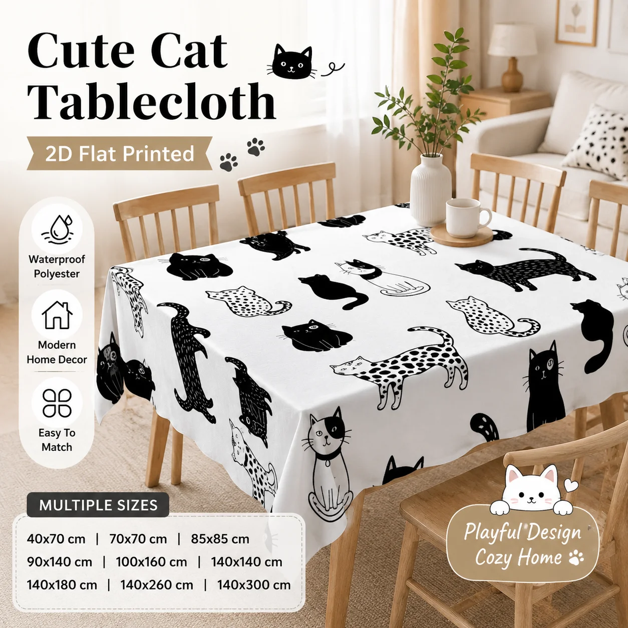 Cute Black Cat Tablecloth 2D Flat Printed Waterproof Polyester Table Cover For Kitchen Dining Room Modern Home Party Decor
Cute Black Cat Tablecloth 2D Flat Printed Waterproof Polyester Table Cover For Kitchen Dining Room Modern Home Party Decor