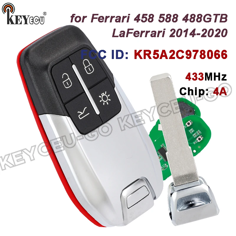 KEYECU 434MHz 4A chip FCC ID: KR5A2C978066 4 Buttons for Ferrari 458 588 488GTB LaFerrari 2014-2020 Smart Remote Key Fob
KEYECU 434MHz 4A chip FCC ID: KR5A2C978066 4 Buttons for Ferrari 458 588 488GTB LaFerrari 2014-2020 Smart Remote Key Fob