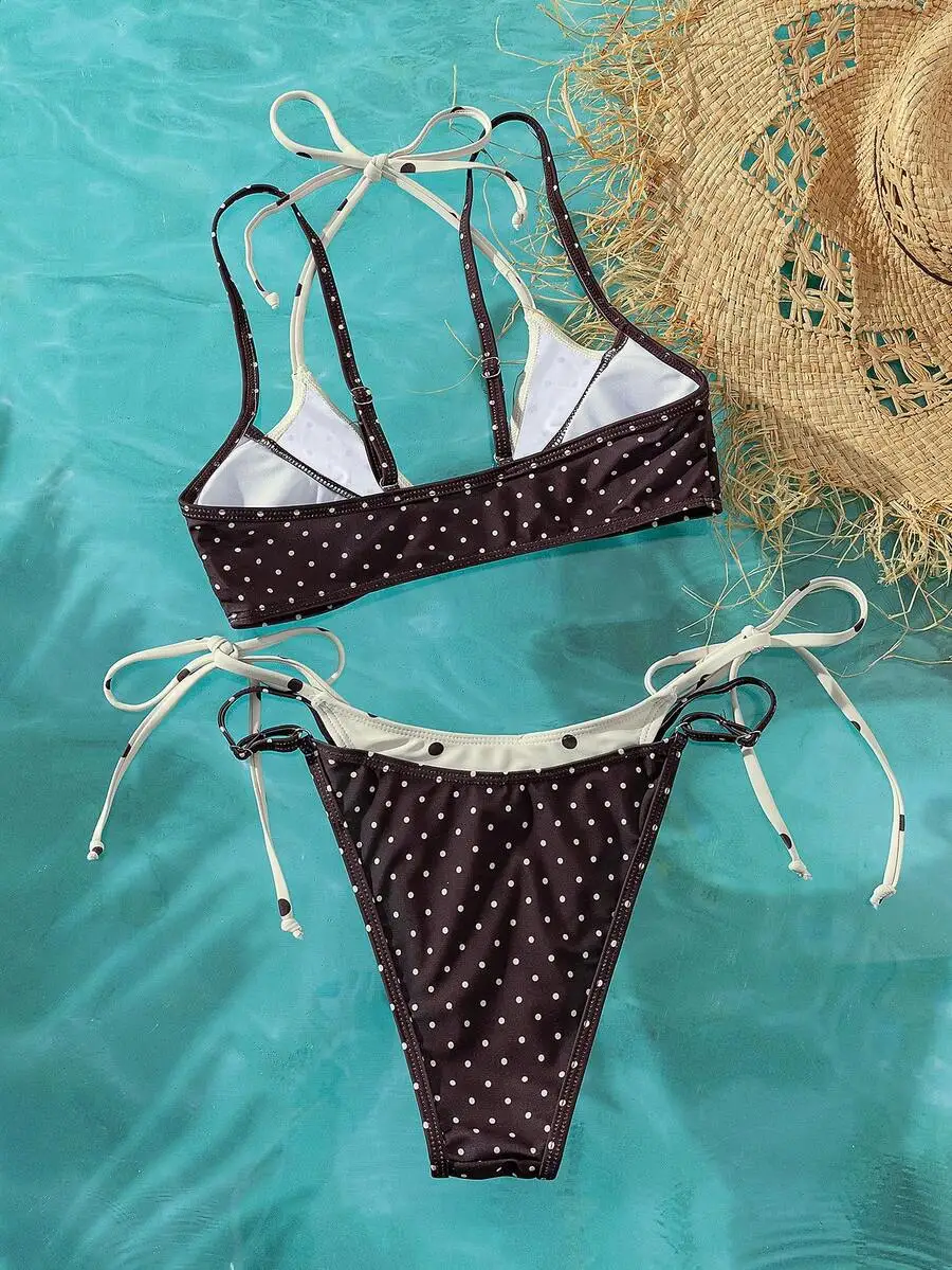 Women Vintage Polka Dot Double Layer Bikini Set Brown White Beach Swimwear
Women Vintage Polka Dot Double Layer Bikini Set Brown White Beach Swimwear