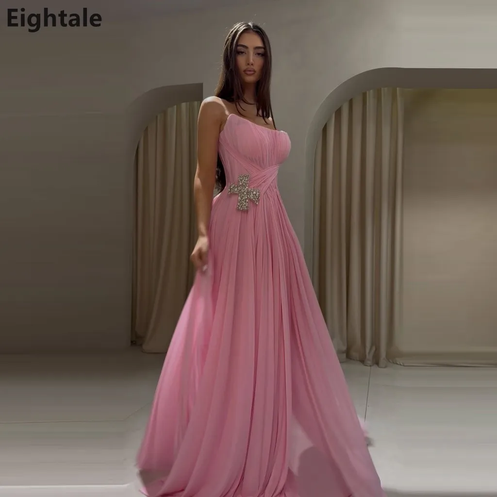 Eightale 2026 Strapless A Line Pink Pleated Chiffon Maxi Evening Dress Beaded Accent Formal Prom Party Gown Customized
Eightale 2026 Strapless A Line Pink Pleated Chiffon Maxi Evening Dress Beaded Accent Formal Prom Party Gown Customized