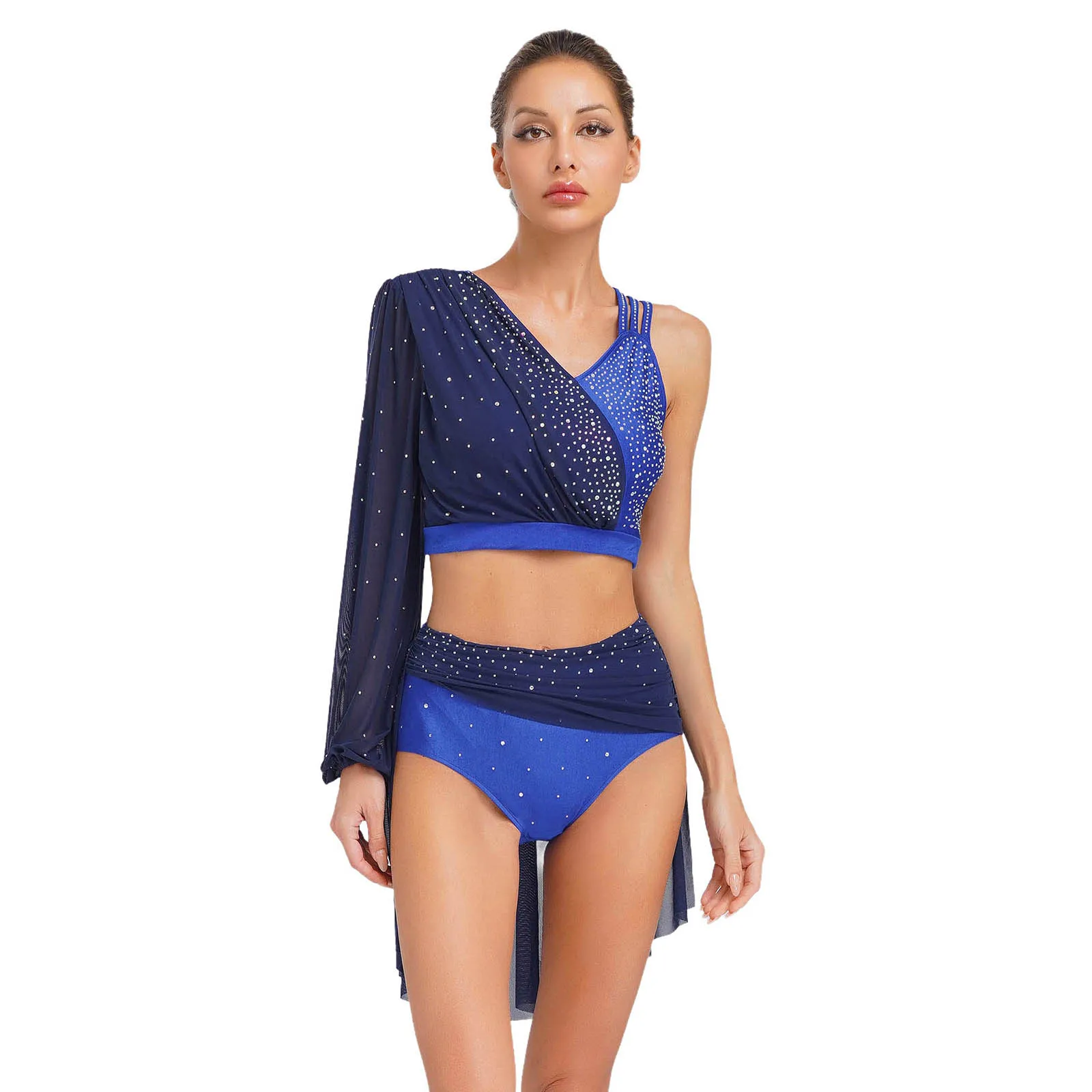Womens Lyrical Jazz Dance Outfit Rhinestone Single Sleeve Backless Crop Top with Mesh Skirt Briefs 2 Piece Competition Costume
Womens Lyrical Jazz Dance Outfit Rhinestone Single Sleeve Backless Crop Top with Mesh Skirt Briefs 2 Piece Competition Costume