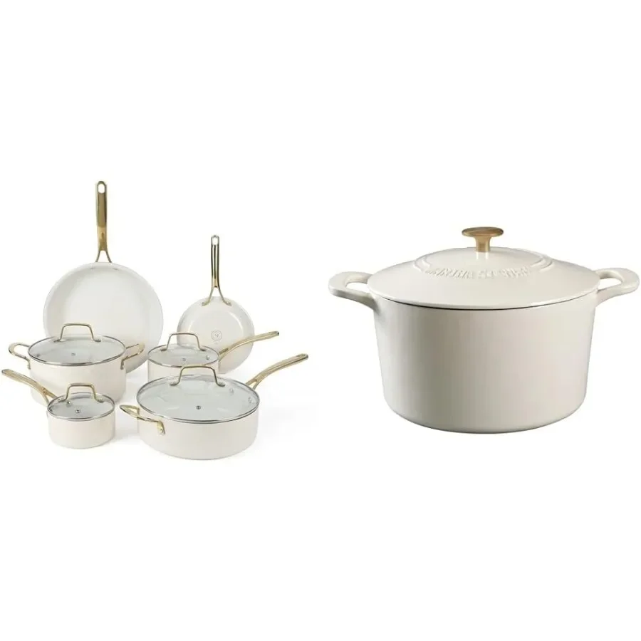 Набор из 10 эмалированных алюминиевых кастрюль и сковородок для тяжелых кастрюль с антипригарным покрытием, керамический интерьер без PFA из льна, белого цвета с золотом
Набор из 10 эмалированных алюминиевых кастрюль и сковородок для тяжелых кастрюль с антипригарным покрытием, керамический интерьер без PFA из льна, белого цвета с золотом