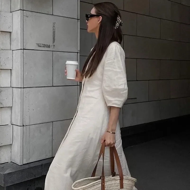 Women Casual Linen-cotton V-neck Dress Solid Half Sleeve Single Breasted Loose Dresses Lady Vacation Street Vestidos
Women Casual Linen-cotton V-neck Dress Solid Half Sleeve Single Breasted Loose Dresses Lady Vacation Street Vestidos