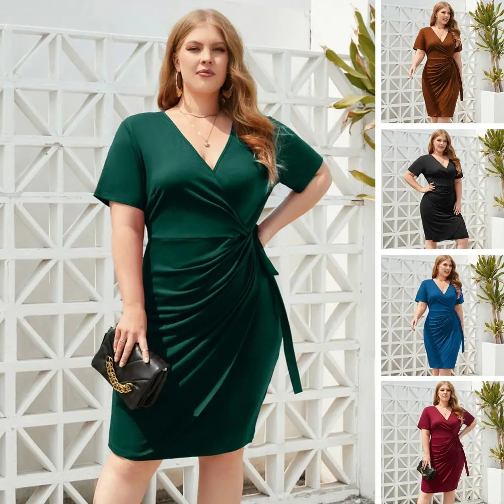 Women V-neck Short Sleeve Elegant Dress High Waist Side Lace-up Plus Size Knee-length Gown Dress Streetwear Vestido De Mujer
Women V-neck Short Sleeve Elegant Dress High Waist Side Lace-up Plus Size Knee-length Gown Dress Streetwear Vestido De Mujer