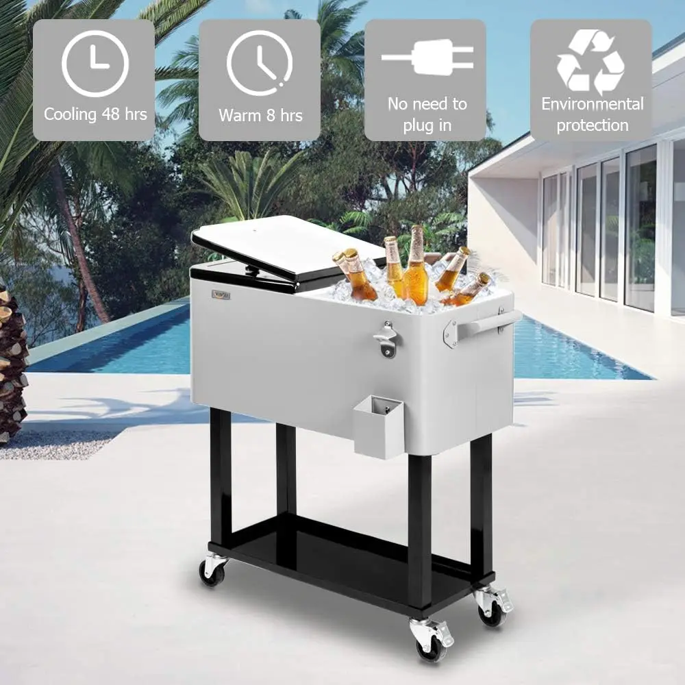 80 Quart Rolling Ice Chest, Portable Patio Party Bar Drink Cooler Cart, with Shelf, Beverage Pool with Bottle Opener
80 Quart Rolling Ice Chest, Portable Patio Party Bar Drink Cooler Cart, with Shelf, Beverage Pool with Bottle Opener