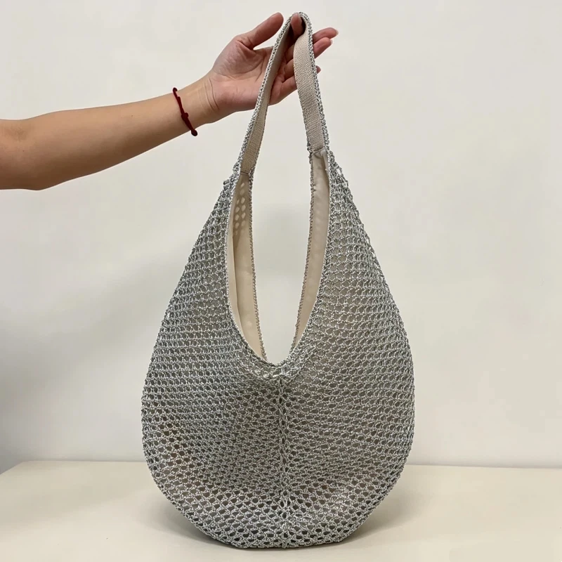 Silver Hollow Out Woven Mesh Tote Bag Korean Casual Large-capacity Shoulder Bag Women's Stylish Lightweight Shopping Handbag
Silver Hollow Out Woven Mesh Tote Bag Korean Casual Large-capacity Shoulder Bag Women's Stylish Lightweight Shopping Handbag