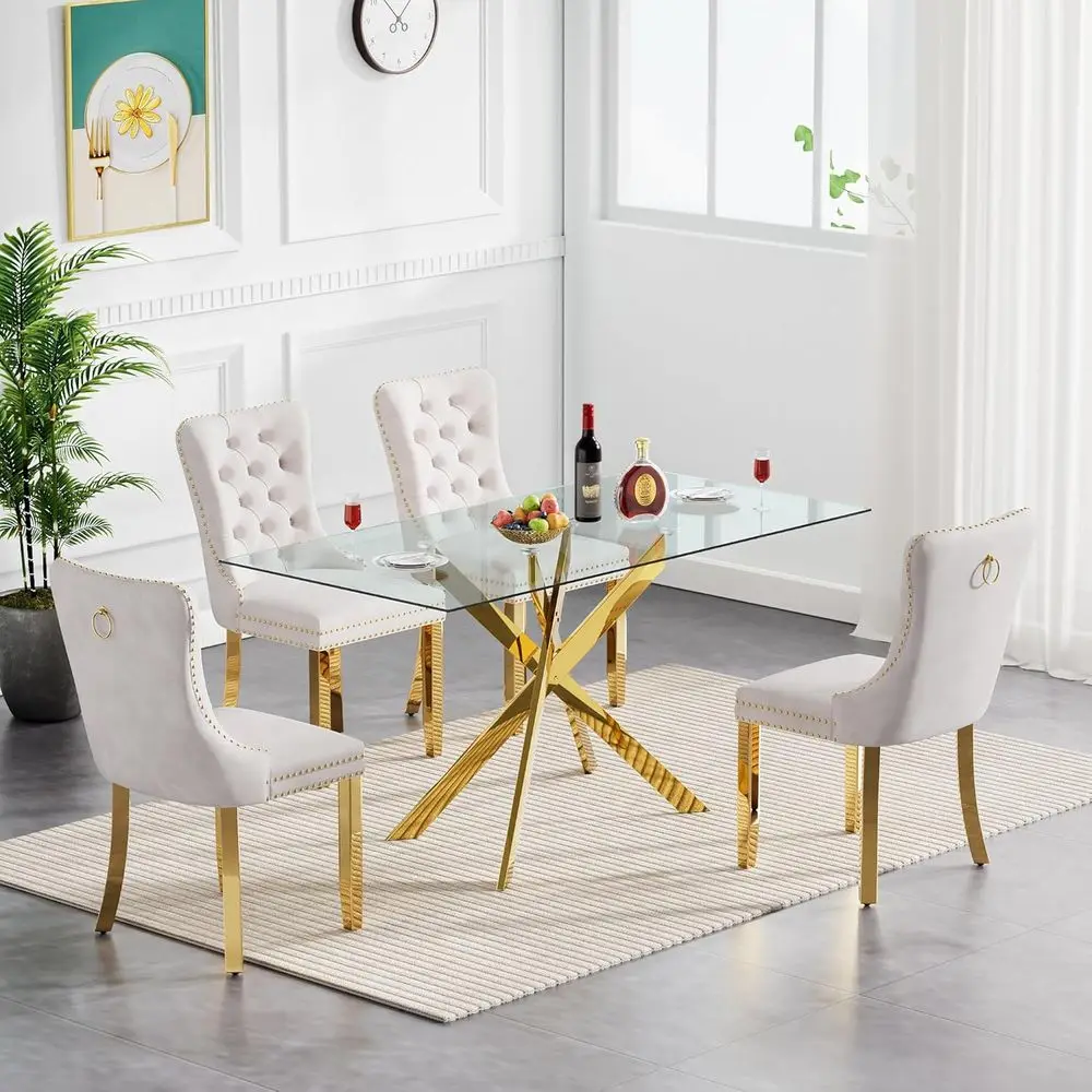 52-inch Gold Dining Table with 4 Beige Chairs, Tempered Glass Kitchen Set
52-inch Gold Dining Table with 4 Beige Chairs, Tempered Glass Kitchen Set