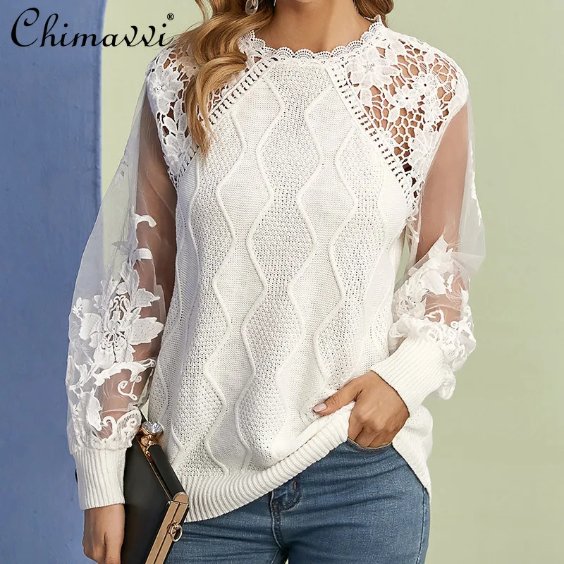 New European and American Style Mesh Knitted Pullover Top Women's Lace Lace Crew Neck Knitted Sweater
New European and American Style Mesh Knitted Pullover Top Women's Lace Lace Crew Neck Knitted Sweater