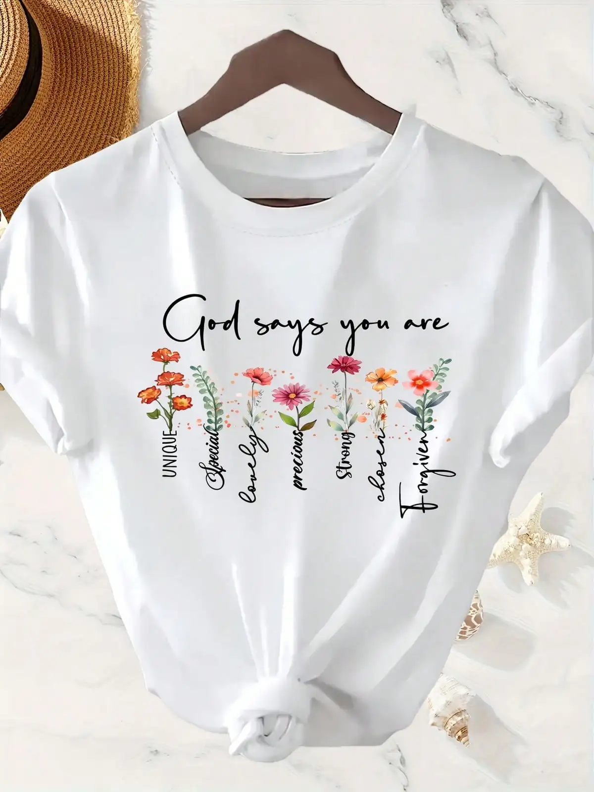 God Says You Are A Christian Floral Print Round Neck T-Shirt, A Casual Short-Sleeve Top For Spring And Summer, Women'S Wear,Breathable And Comfortable Short-Sleeved Round-Neck Top, Suitable For All Seasons, Everyday Wear For Women
God Says You Are A Christian Floral Print Round Neck T-Shirt, A Casual Short-Sleeve Top For Spring And Summer, Women'S Wear,Breathable And Comfortable Short-Sleeved Round-Neck Top, Suitable For All Seasons, Everyday Wear For Women