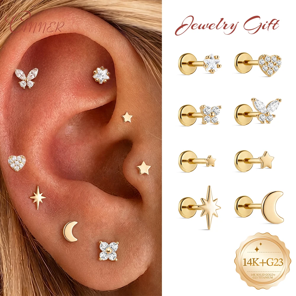 CANNER 14K Gold G23 Titanium Anti Allergy Piercing Earring Set CZ Butterfly Star Moon Heart Flat Back Screw Stud Jewelry Gift
CANNER 14K Gold G23 Titanium Anti Allergy Piercing Earring Set CZ Butterfly Star Moon Heart Flat Back Screw Stud Jewelry Gift