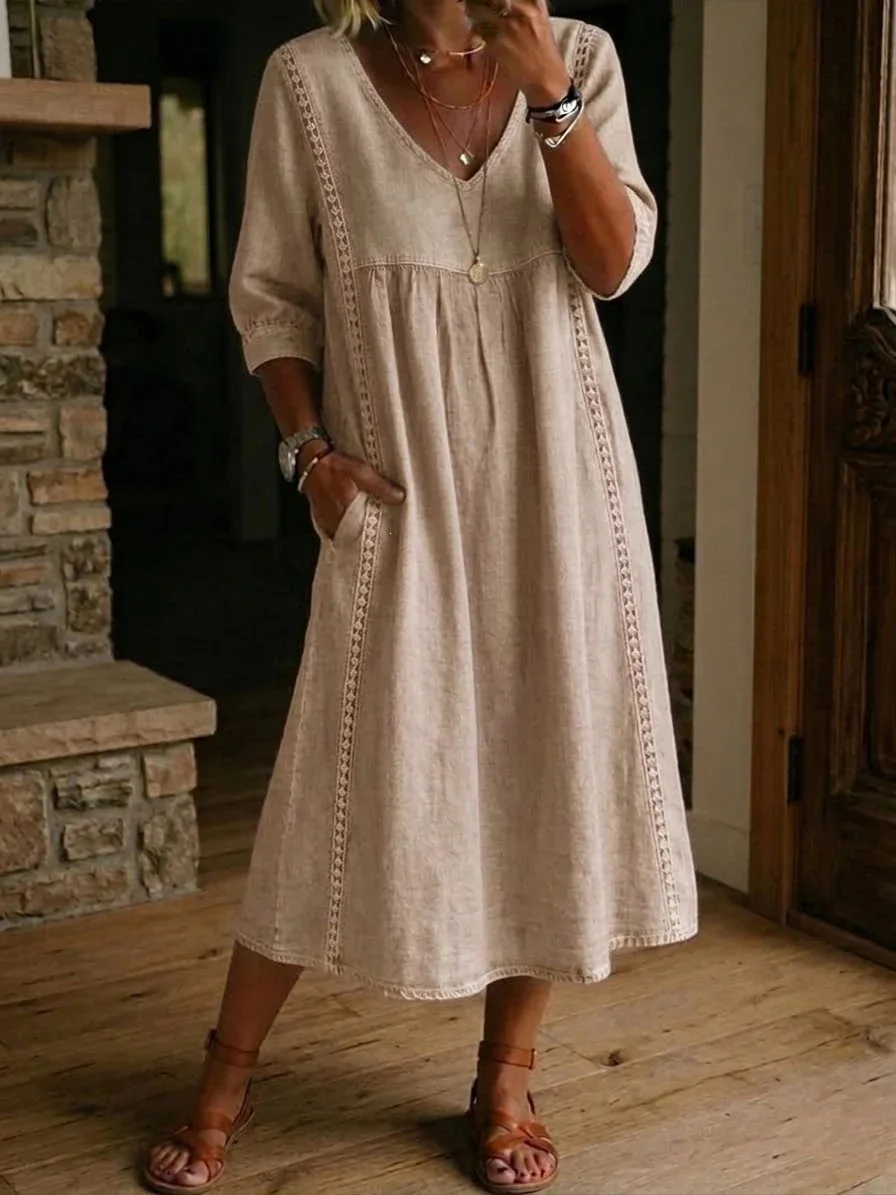 Summer Casual V Neck Beach Holiday Long Dress Women Fashion Lace Patchwork Solid Color A-line Dress Boho Style Loose Sundress
Summer Casual V Neck Beach Holiday Long Dress Women Fashion Lace Patchwork Solid Color A-line Dress Boho Style Loose Sundress