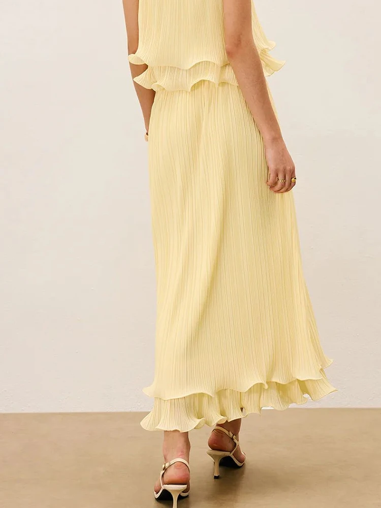 French Ruffle Design Women Two Piece Set Sexy Off Shoulder Sling Top and Long Skirt Suit Yellow Pleated Slim Fit Party Outfits
French Ruffle Design Women Two Piece Set Sexy Off Shoulder Sling Top and Long Skirt Suit Yellow Pleated Slim Fit Party Outfits
