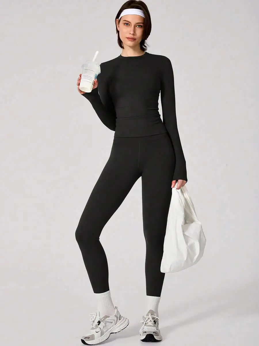 Women Elastic Crew Neck Tight Fit Thermal Lined Long Sleeve Top And Pants Sportswear Set Black
Women Elastic Crew Neck Tight Fit Thermal Lined Long Sleeve Top And Pants Sportswear Set Black