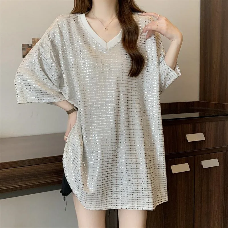 Women's Extra Large Summer Thin Hot-selling Fashion V-neck Solid Color Sequined Loose Belly-covering Slim Short-sleeve Top
Women's Extra Large Summer Thin Hot-selling Fashion V-neck Solid Color Sequined Loose Belly-covering Slim Short-sleeve Top