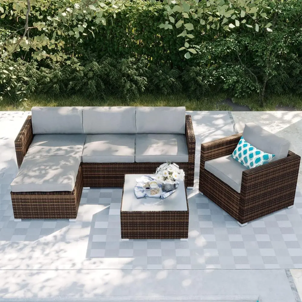 6-Piece Outdoor Sectional Wicker Sofa Set with Blue White Plaid Cushions and Tempered Glass Coffee Table
6-Piece Outdoor Sectional Wicker Sofa Set with Blue White Plaid Cushions and Tempered Glass Coffee Table