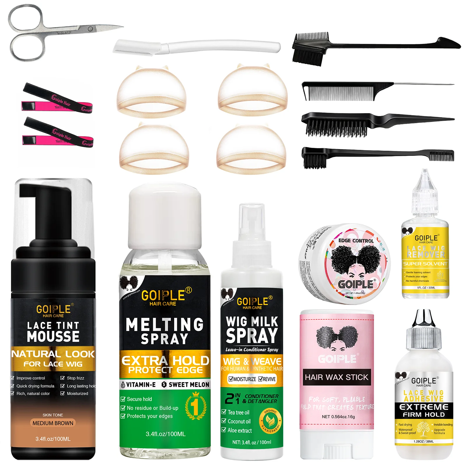 Goiple 19PCS Ultimate Wig Install Kit with Lace Tint Mousse Melting Spray Glue and Leave-in Conditioner Hair Care Set
Goiple 19PCS Ultimate Wig Install Kit with Lace Tint Mousse Melting Spray Glue and Leave-in Conditioner Hair Care Set