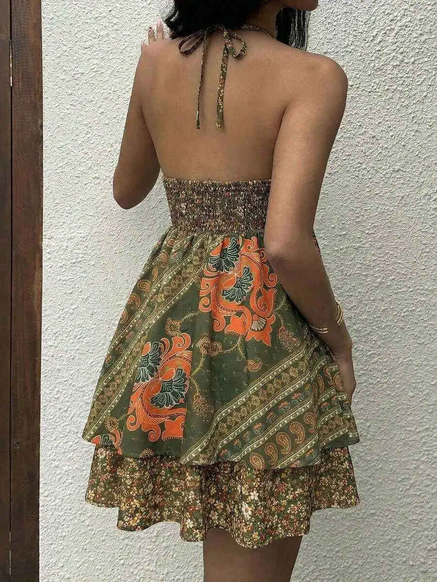 Womens Backless Halter Boho Mini Dress With Tiered Layer And Floral Print
Womens Backless Halter Boho Mini Dress With Tiered Layer And Floral Print