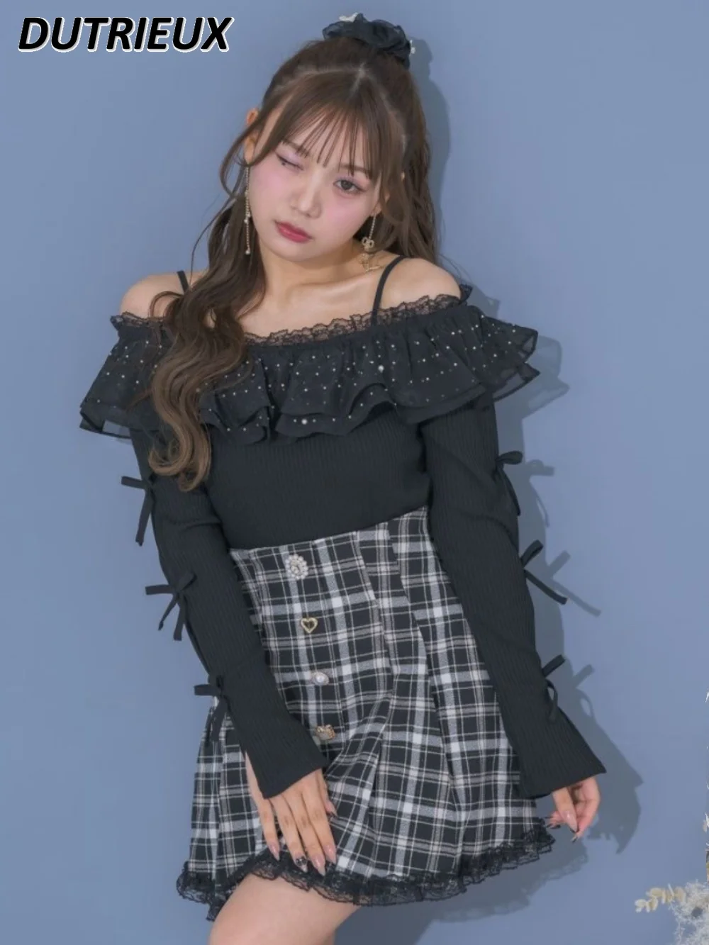 Japanese Style Tops Ladies 2024 Spring New Off-the-Shoulder Long Sleeve Lace-up Bow Lace Ruffled Knitted T-shirt Women Clothing
Japanese Style Tops Ladies 2024 Spring New Off-the-Shoulder Long Sleeve Lace-up Bow Lace Ruffled Knitted T-shirt Women Clothing