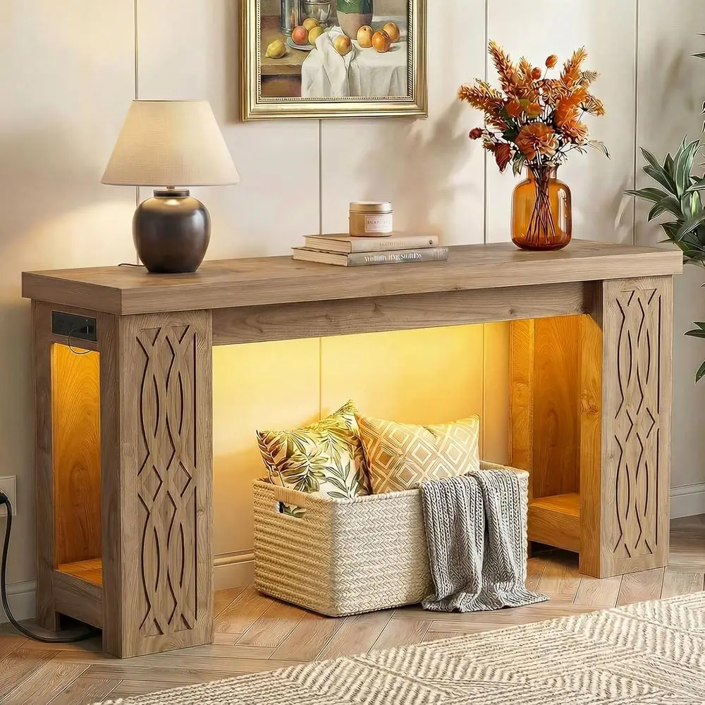 63 Entryway Table with Outlet & Colorful LED Lights, Unique Carved Wooden Sofa Table for Hallway, Living Room Accent
63 Entryway Table with Outlet & Colorful LED Lights, Unique Carved Wooden Sofa Table for Hallway, Living Room Accent