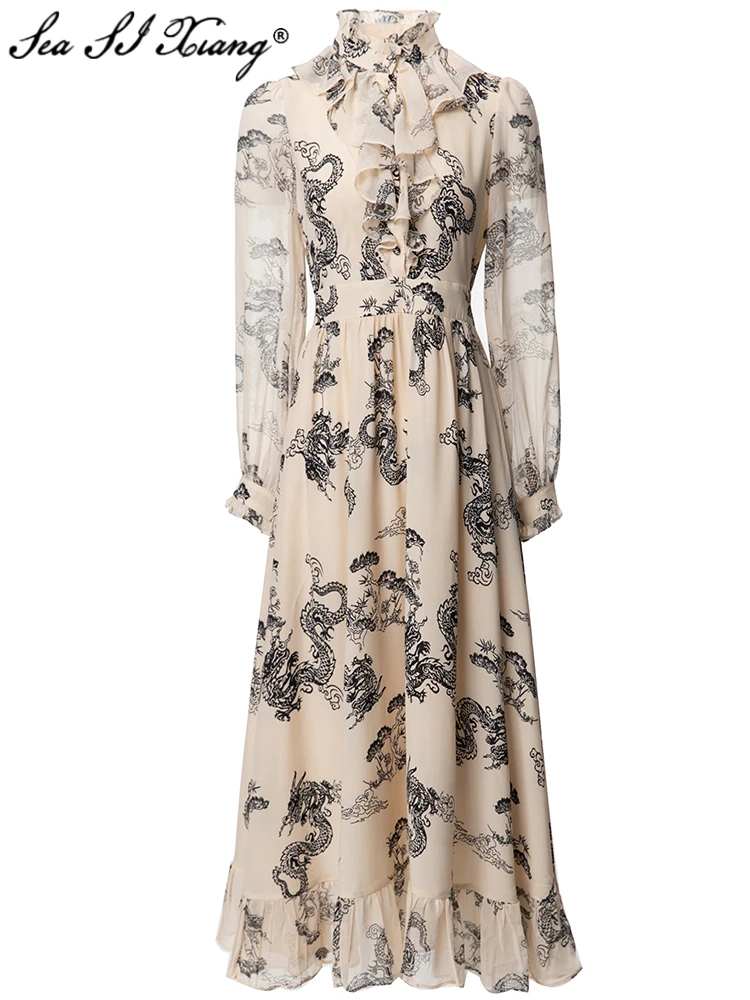 Seasixiang Fashion Spring Chinese Style Print Dress Women Stand Collar Lantern Sleeve Ruffles Vintage Elastic Waist Dresses
Seasixiang Fashion Spring Chinese Style Print Dress Women Stand Collar Lantern Sleeve Ruffles Vintage Elastic Waist Dresses