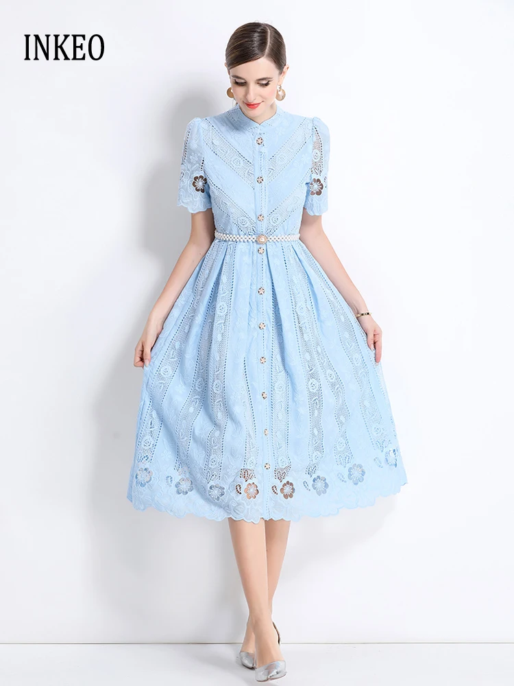 Elegant Short sleeve Lace embroidery Midi dress for women 2025 Summer Luxury Hollow out dresses with pearl belt Blue INKEO 5D161
Elegant Short sleeve Lace embroidery Midi dress for women 2025 Summer Luxury Hollow out dresses with pearl belt Blue INKEO 5D161