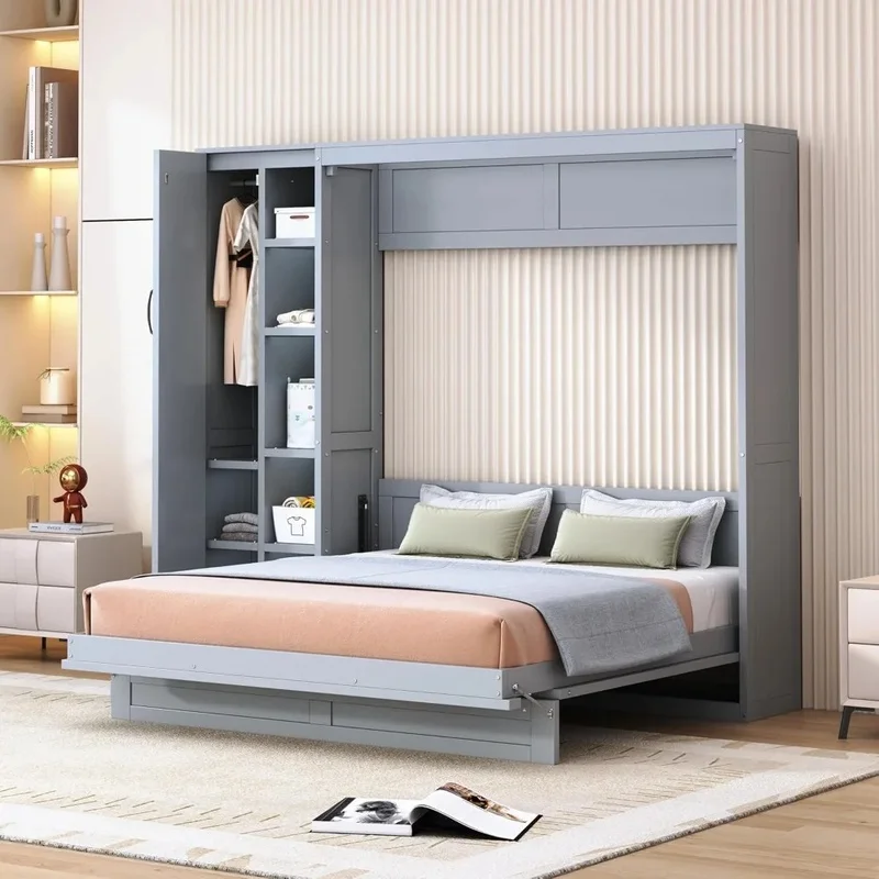 Queen Size Wall Bed with Shelves, Wardrobe, LED Lights, Solid Wood Frame, Easy Assembly and Foldable Design
Queen Size Wall Bed with Shelves, Wardrobe, LED Lights, Solid Wood Frame, Easy Assembly and Foldable Design