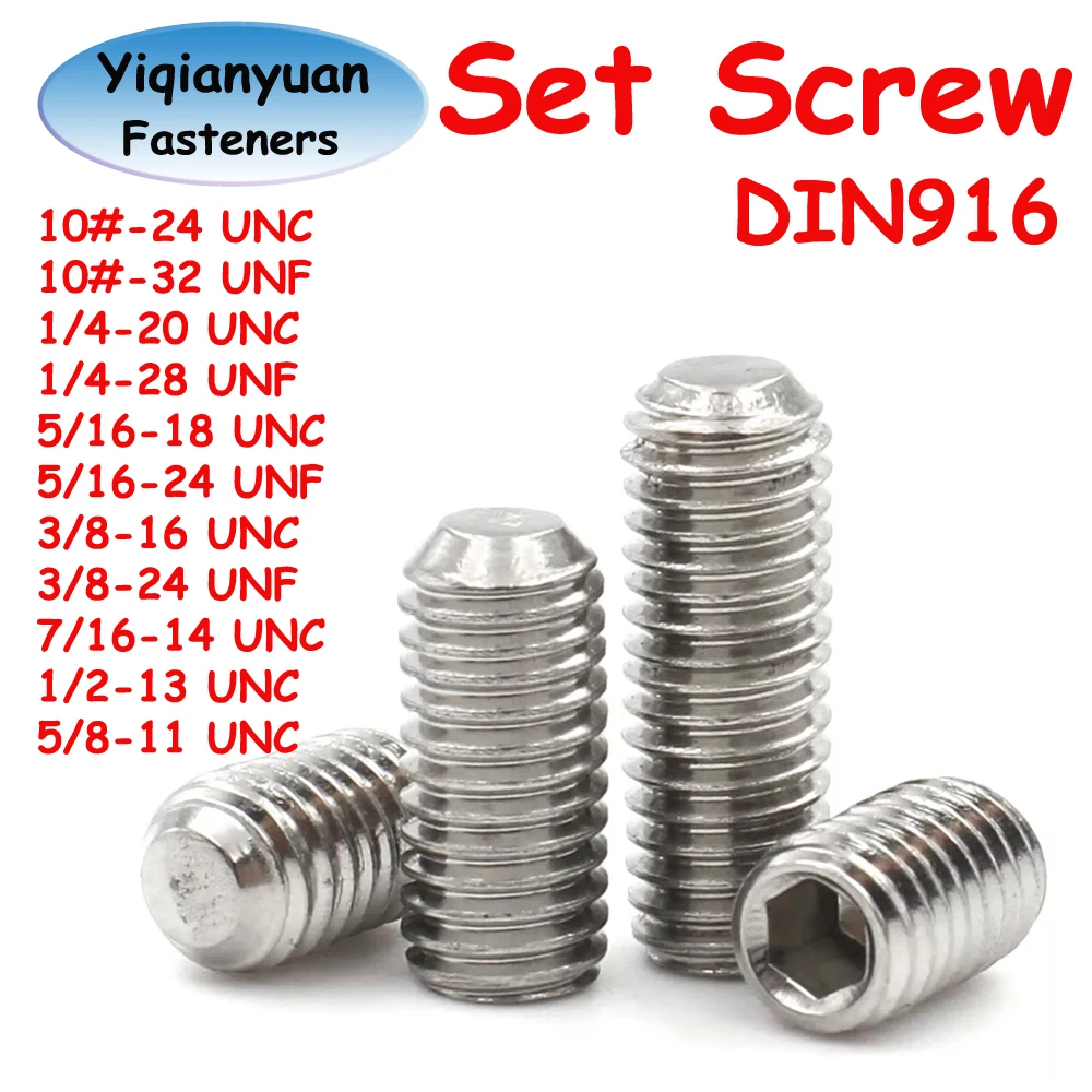 Yiqianyuan 10# 1/4'' 5/16'' 3/8'' to 5/8'' UNC UNF DIN916 SUS304 Stainless Steel Hex Socket Set Screws Cup Point Headless Screws
Yiqianyuan 10# 1/4'' 5/16'' 3/8'' to 5/8'' UNC UNF DIN916 SUS304 Stainless Steel Hex Socket Set Screws Cup Point Headless Screws