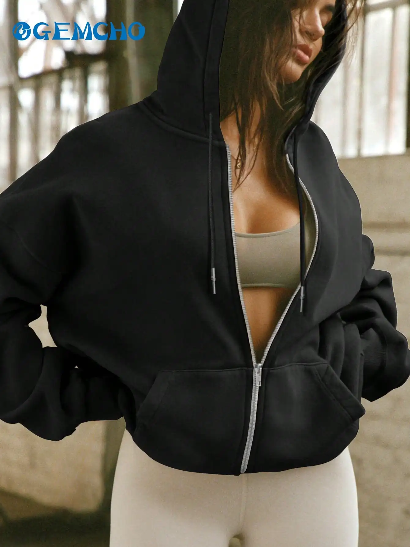 Black Zip-Up Hooded Crop Jacket with Front Pockets for Women, Casual Streetwear Style
Black Zip-Up Hooded Crop Jacket with Front Pockets for Women, Casual Streetwear Style