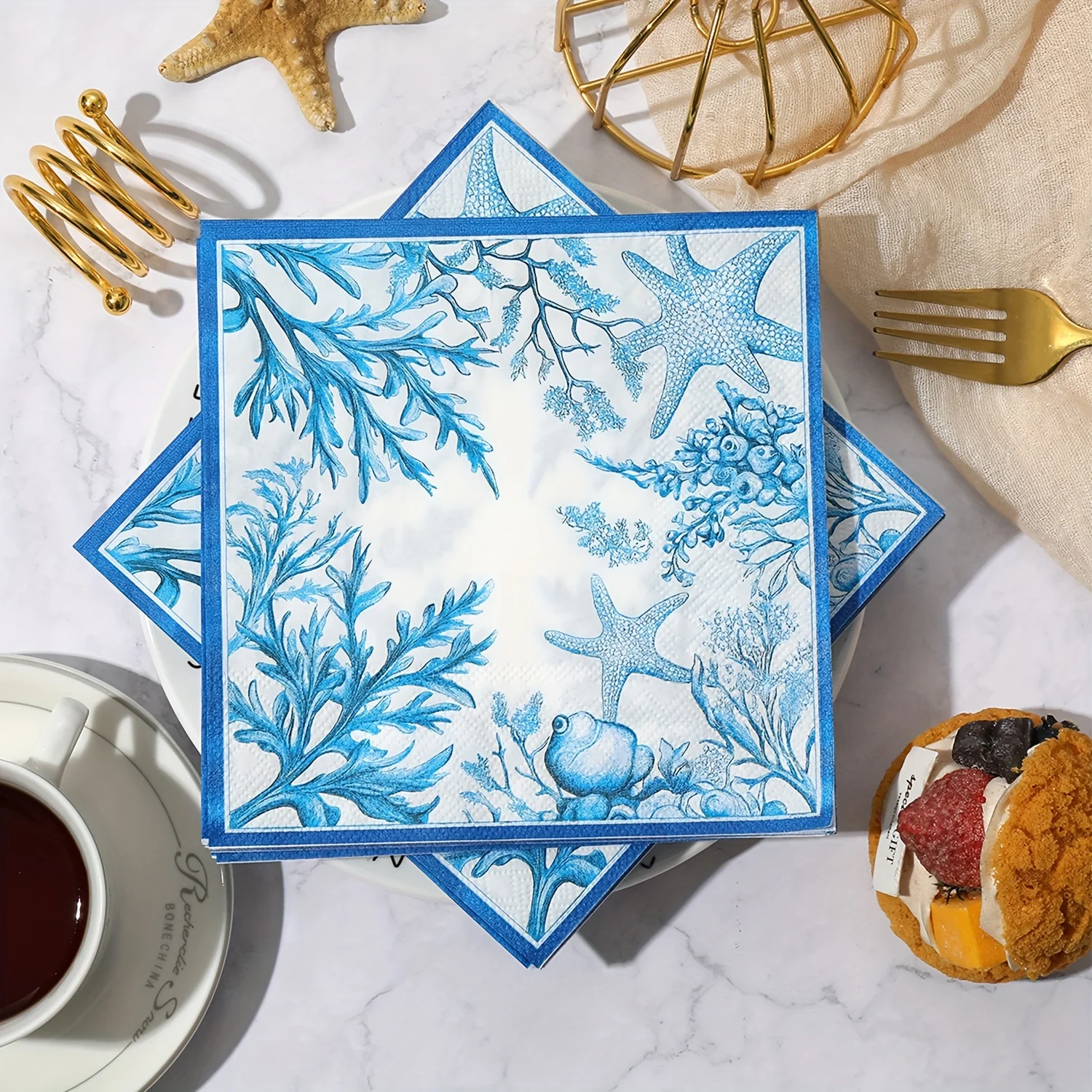 20Pcs Ocean Paper Napkins, Blue Starfish & Seaweed Design Disposable Napkins for Beach Party Decor, 16.5cm Cocktail Tissue
20Pcs Ocean Paper Napkins, Blue Starfish & Seaweed Design Disposable Napkins for Beach Party Decor, 16.5cm Cocktail Tissue