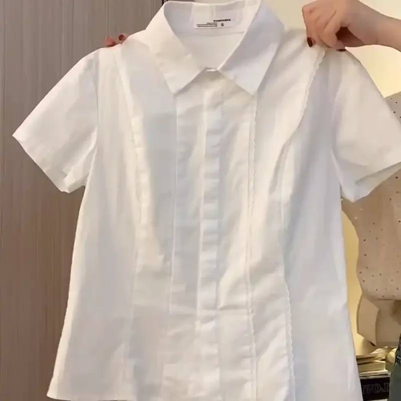 Women 100 Cotton Preppy Style Slimming Lace Trim White Short Sleeve Shirt
Women 100 Cotton Preppy Style Slimming Lace Trim White Short Sleeve Shirt