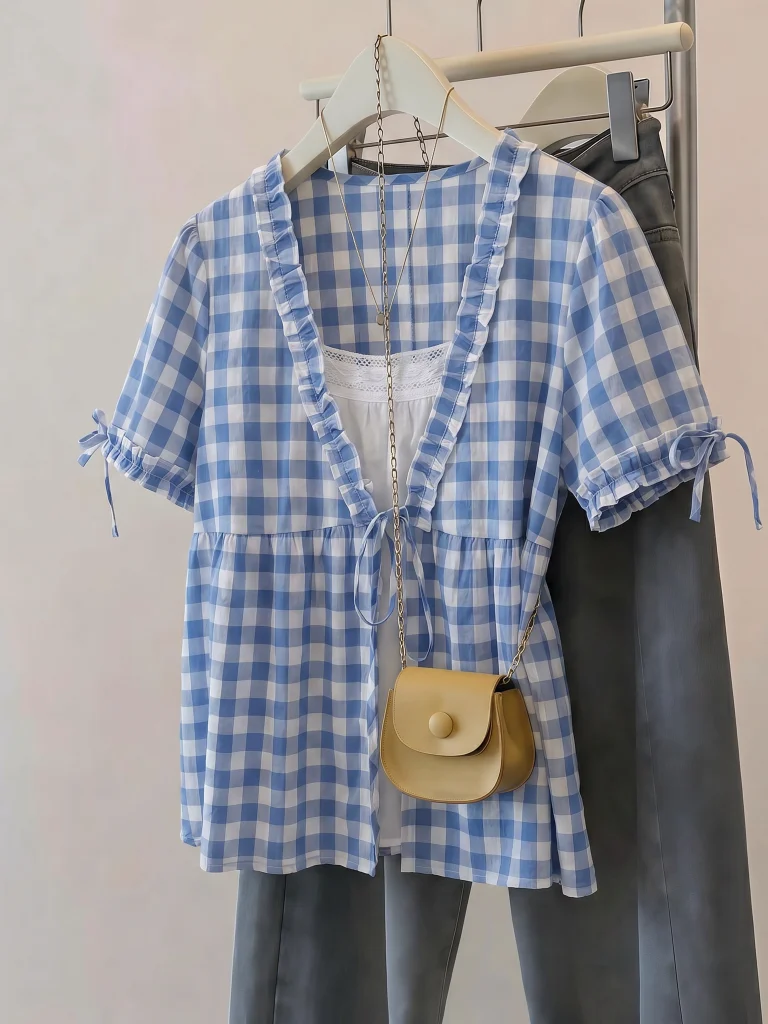 Light Blue Plaid V-Neck Shoulder Shirt Women's Summer New plus Size Doll Shirt Fake Two-Piece Top Korean Style Loose Fit
Light Blue Plaid V-Neck Shoulder Shirt Women's Summer New plus Size Doll Shirt Fake Two-Piece Top Korean Style Loose Fit