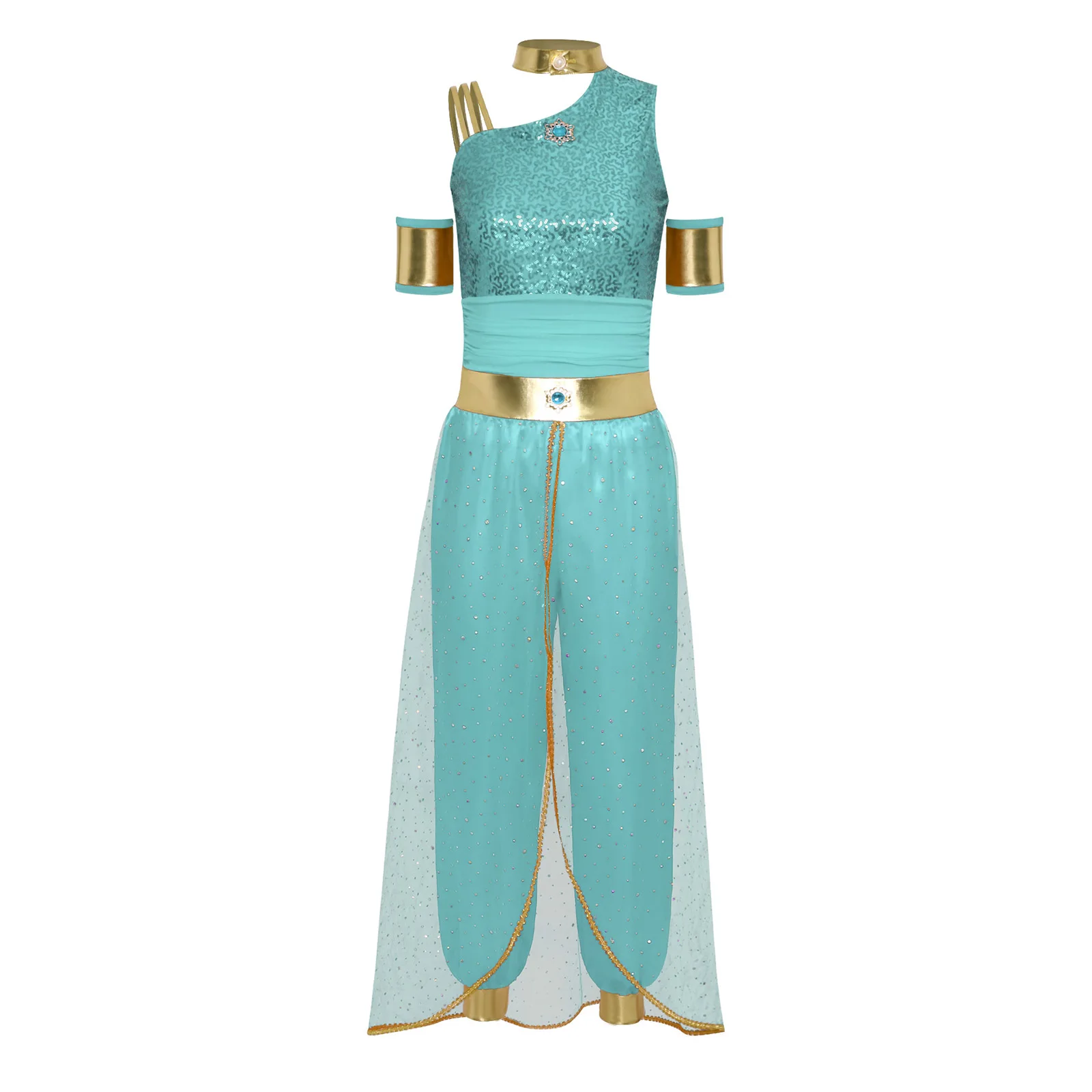 Women Arab Princess Cosplay Costume Belly Dancewear Shiny Tulle Overlay Jumpsuit with Sleeves for Halloween Carnival Party
Women Arab Princess Cosplay Costume Belly Dancewear Shiny Tulle Overlay Jumpsuit with Sleeves for Halloween Carnival Party