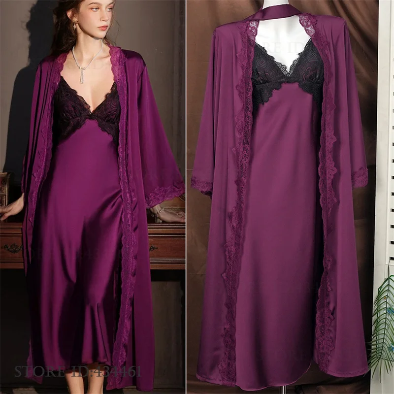 Female Long 2PCS Nighty&Robe Set Loungewear Sexy Lace Bride Wedding Bathrobe Nightgown Spring Summer New Sleepwear Home Dress
Female Long 2PCS Nighty&Robe Set Loungewear Sexy Lace Bride Wedding Bathrobe Nightgown Spring Summer New Sleepwear Home Dress