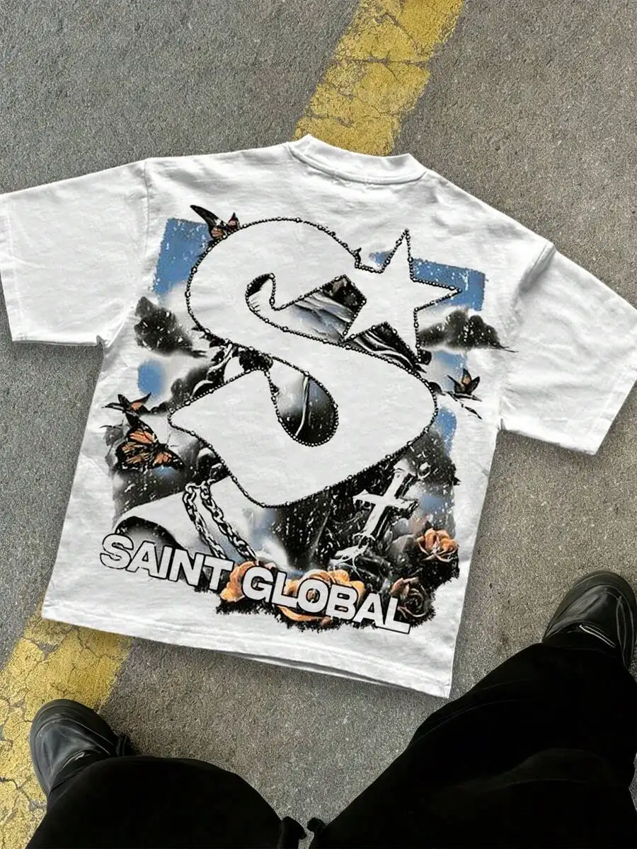 Streetwear Graphic Print T-Shirt With Statue Roses And Chain Design Men Casual Tee
Streetwear Graphic Print T-Shirt With Statue Roses And Chain Design Men Casual Tee