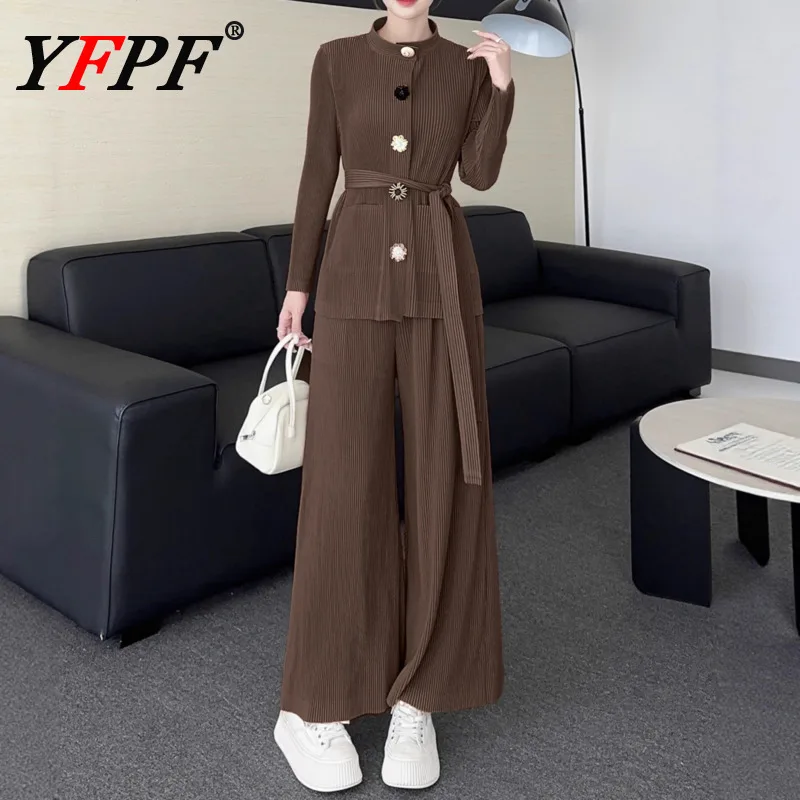 YFPF Miyake плиссированный женский комплект из 2 предметов с пуговицами, дизайнерский пояс, топы с длинными рукавами, брюки, широкие брюки, модная осенняя новая одежда
YFPF Miyake плиссированный женский комплект из 2 предметов с пуговицами, дизайнерский пояс, топы с длинными рукавами, брюки, широкие брюки, модная осенняя новая одежда