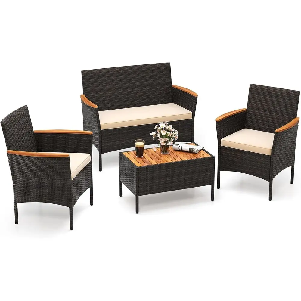 4 Pieces Patio Wicker Soa Set, 2 Rattan Chairs & Loveseat w/Coee Table, Acacia Wood Armrests & Tabletop, Outdoor Cushioned Conti
4 Pieces Patio Wicker Soa Set, 2 Rattan Chairs & Loveseat w/Coee Table, Acacia Wood Armrests & Tabletop, Outdoor Cushioned Conti