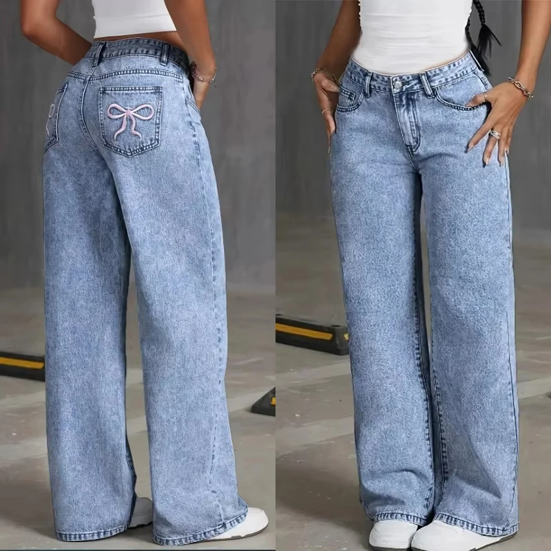 Denim Wide Leg Jeans High waisted Bow Embroidered Pocket Wide Leg Jeans Fashionable Women's Trousers Casual Style
Denim Wide Leg Jeans High waisted Bow Embroidered Pocket Wide Leg Jeans Fashionable Women's Trousers Casual Style
