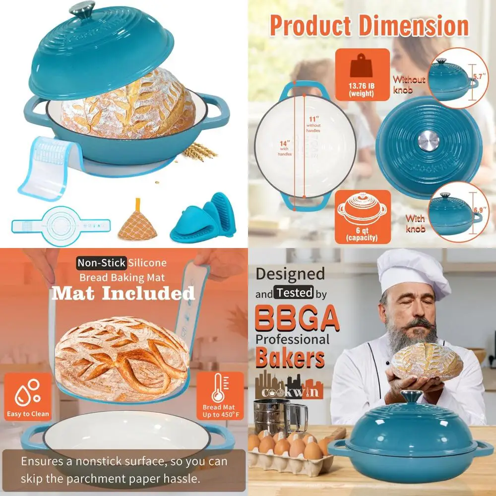 11 Enamel Dutch Oven with Lid, 6 Quart Bread Pan Set, Silicone Baking Mat, Teal Cast Iron Baking Kit - Perfect Gift for Family
11 Enamel Dutch Oven with Lid, 6 Quart Bread Pan Set, Silicone Baking Mat, Teal Cast Iron Baking Kit - Perfect Gift for Family