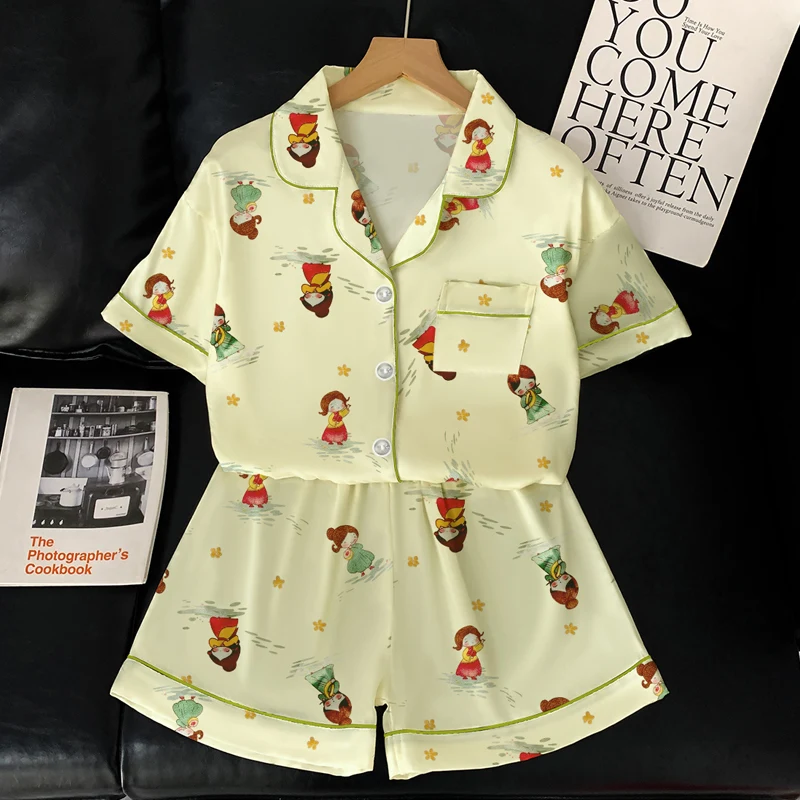 summer Short Sleeve Women's Pajamas Set Luxury Satin Silk Pyjamas cute cartoon Sleepwear casual Home Clothes Nightwear for Women
summer Short Sleeve Women's Pajamas Set Luxury Satin Silk Pyjamas cute cartoon Sleepwear casual Home Clothes Nightwear for Women