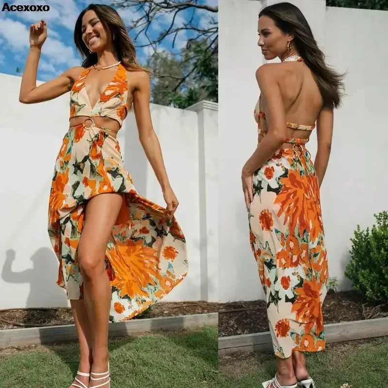 2023 summer new women's fashion casual V-neck halter neck hollow waist slit color printed dress
2023 summer new women's fashion casual V-neck halter neck hollow waist slit color printed dress