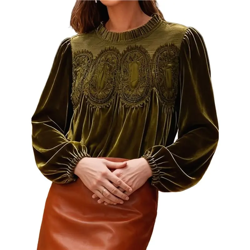 CYL-Women's Long Sleeve Velvet Trim Lace Blouse Elegant Flared Swing Top Round Neck Blouse Casual Wear
CYL-Women's Long Sleeve Velvet Trim Lace Blouse Elegant Flared Swing Top Round Neck Blouse Casual Wear