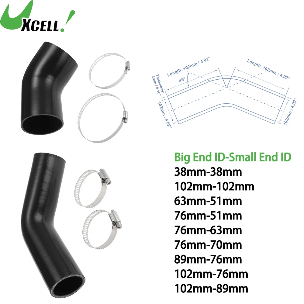 UXCELL 45 Degrees Elbow Coupler Silicone Hose 38mm to 102mm ID 3 Layers Cloth 102mm Length Black 2 Clamp Radiator Coolant Tube
UXCELL 45 Degrees Elbow Coupler Silicone Hose 38mm to 102mm ID 3 Layers Cloth 102mm Length Black 2 Clamp Radiator Coolant Tube