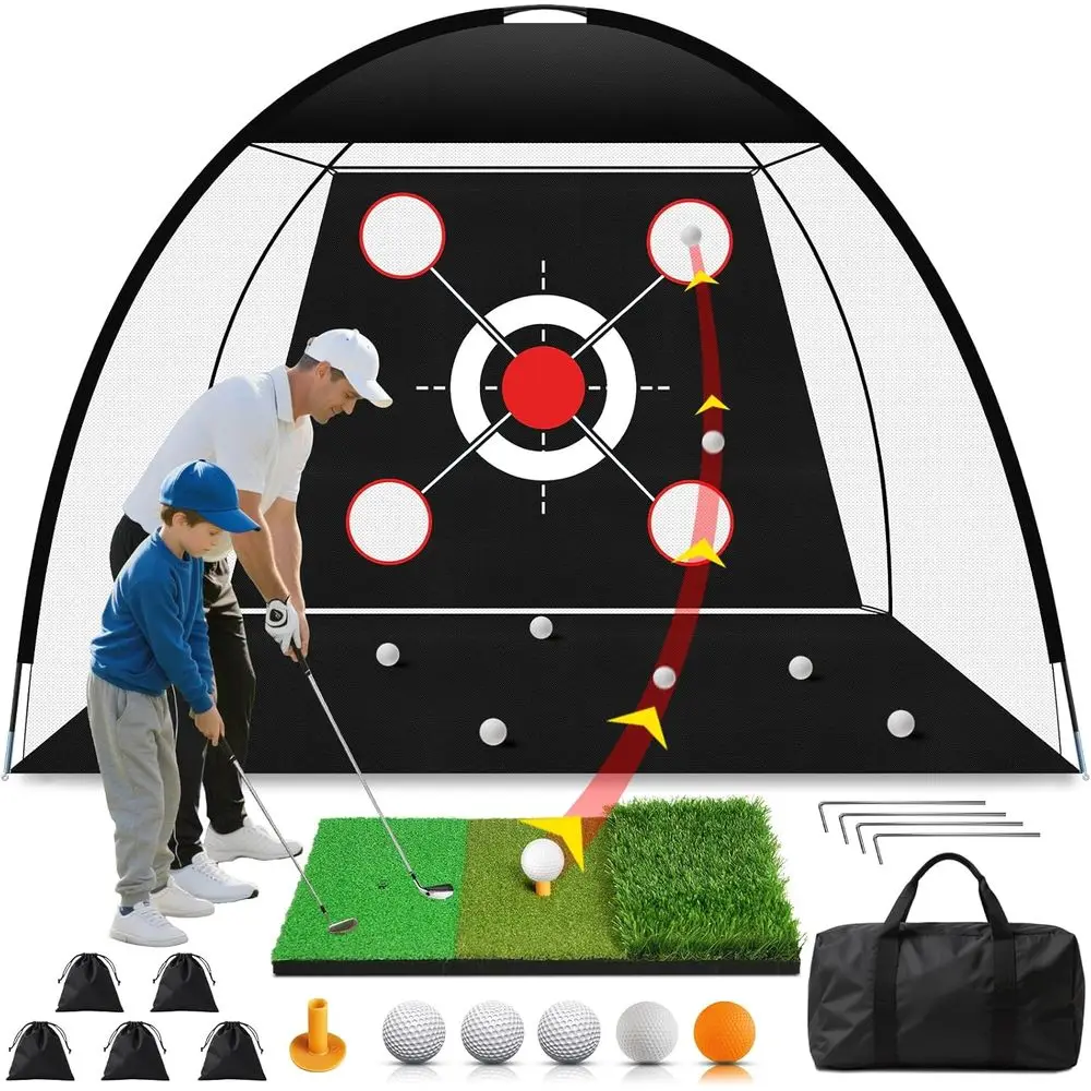 Портативная тренировочная сетка для гольфа 10x7 футов с ковриком, мячом, мишенью и сумкой для переноски — идеально подходит для отработки чиппинга, драйва и тренировки свинга в помещении.
Портативная тренировочная сетка для гольфа 10x7 футов с ковриком, мячом, мишенью и сумкой для переноски — идеально подходит для отработки чиппинга, драйва и тренировки свинга в помещении.