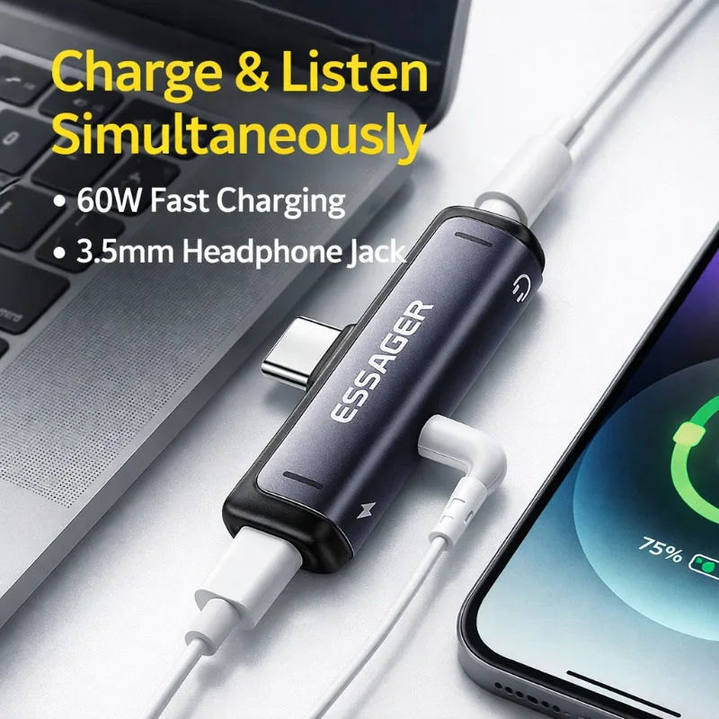 ESSAGER Dual Function 60W Charging Audio Adapter Type C To 3.5mm Earphone Converter Dual-use Stable Transmission Practical
ESSAGER Dual Function 60W Charging Audio Adapter Type C To 3.5mm Earphone Converter Dual-use Stable Transmission Practical