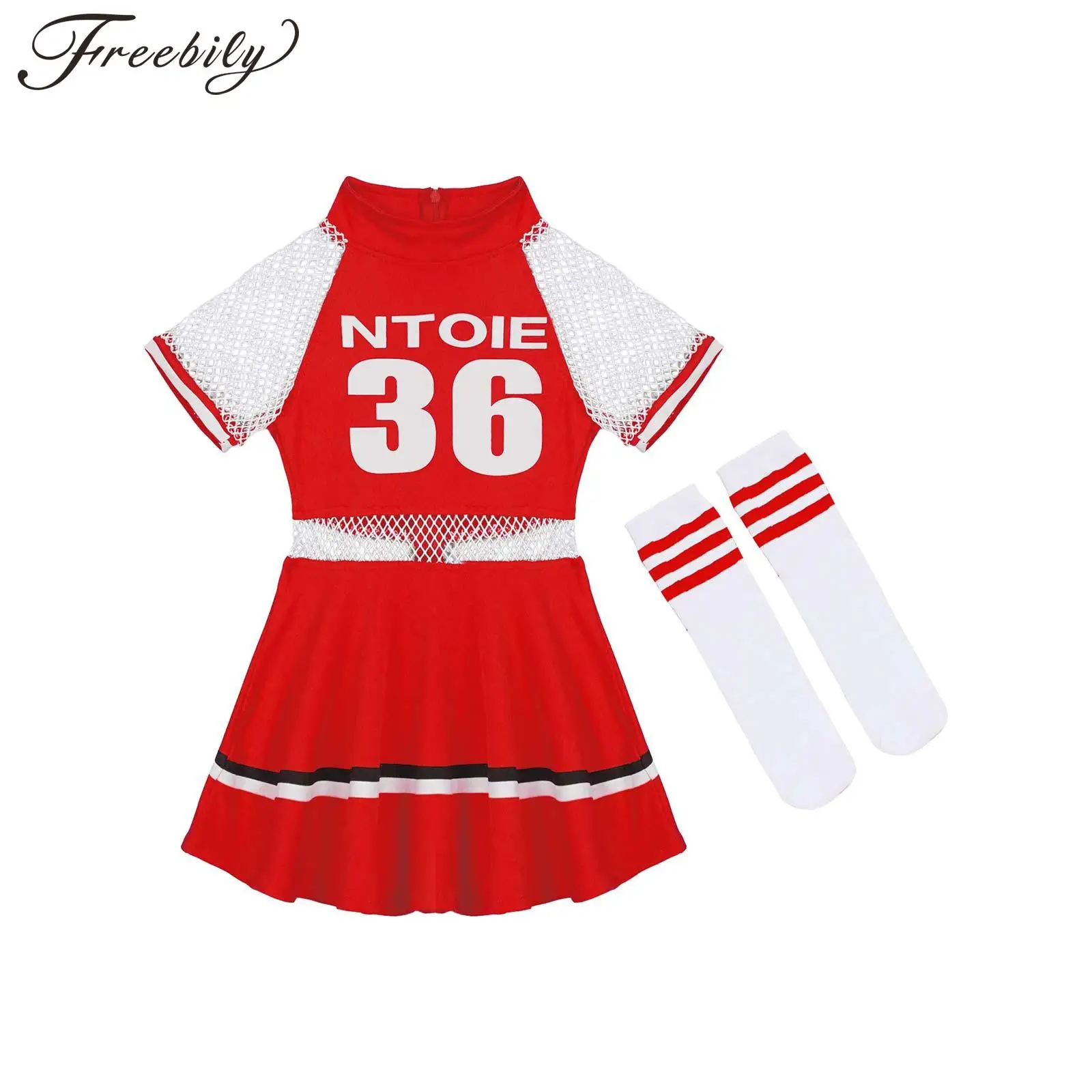 Kid Girls Cheerleading Clothes Fishnet Short Sleeve Letter Number Print Cut-out Dance Dress with Socks Party Performance Costume
Kid Girls Cheerleading Clothes Fishnet Short Sleeve Letter Number Print Cut-out Dance Dress with Socks Party Performance Costume