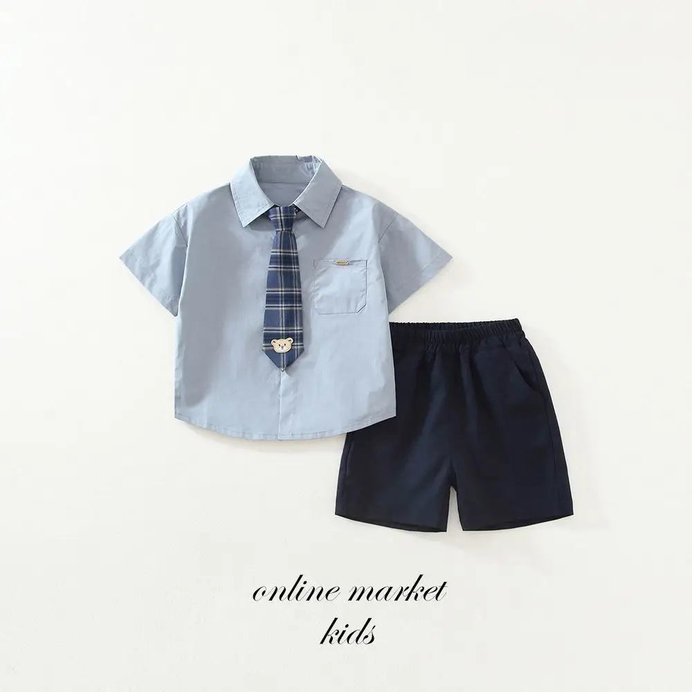 Summer Fashion Baby Short Sleeve Boys Cute Blue Shirts Tie+Shorts 2pcs Children Set Casual Handsome Gentleman Beach Suits
Summer Fashion Baby Short Sleeve Boys Cute Blue Shirts Tie+Shorts 2pcs Children Set Casual Handsome Gentleman Beach Suits