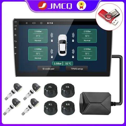 JMCQ USB Android TPMS Tire Pressure Monitoring System Display Alarm System Internal External 5 Sensors For Car Navigation Radio