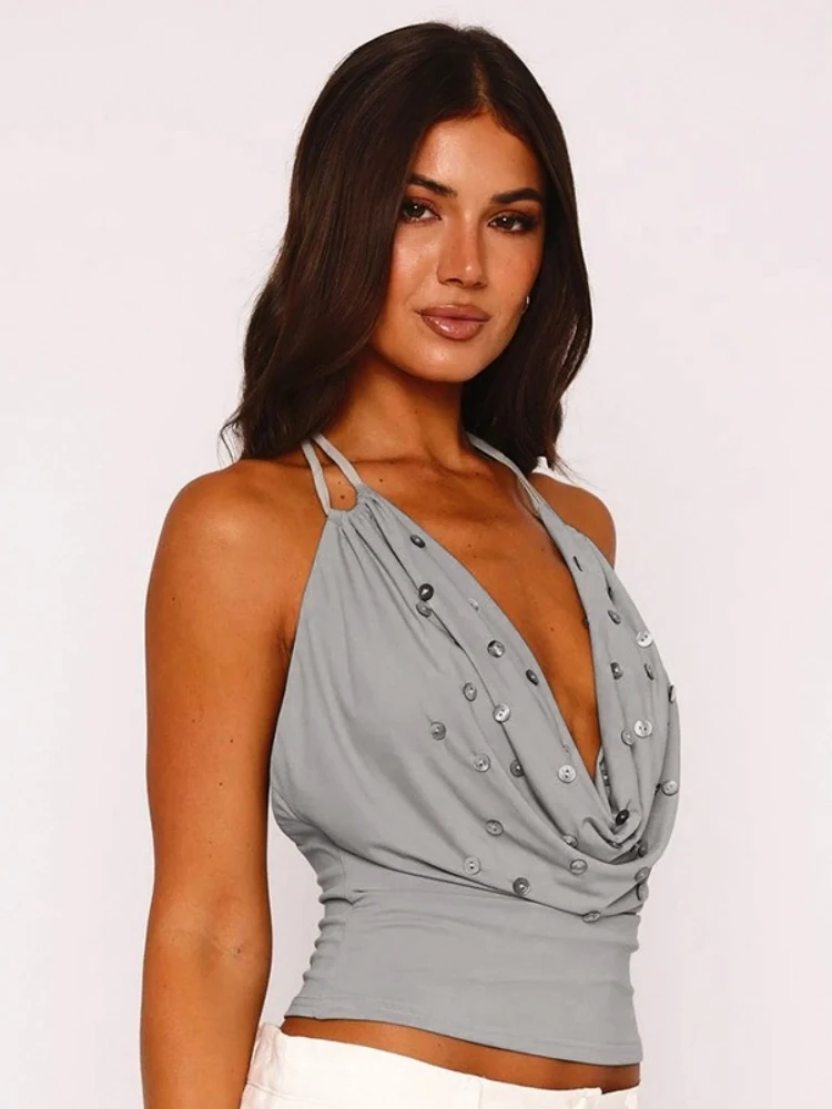 Neck-mounted Crop Top Women Edgy Clothes Y2k Accessories V-neck Halter Top Backless Sexy Ropa De Mujer Buttons Camison Verano
Neck-mounted Crop Top Women Edgy Clothes Y2k Accessories V-neck Halter Top Backless Sexy Ropa De Mujer Buttons Camison Verano
